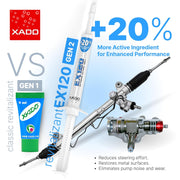 XADO automotive product with pump and text highlighting performance benefits on a white background