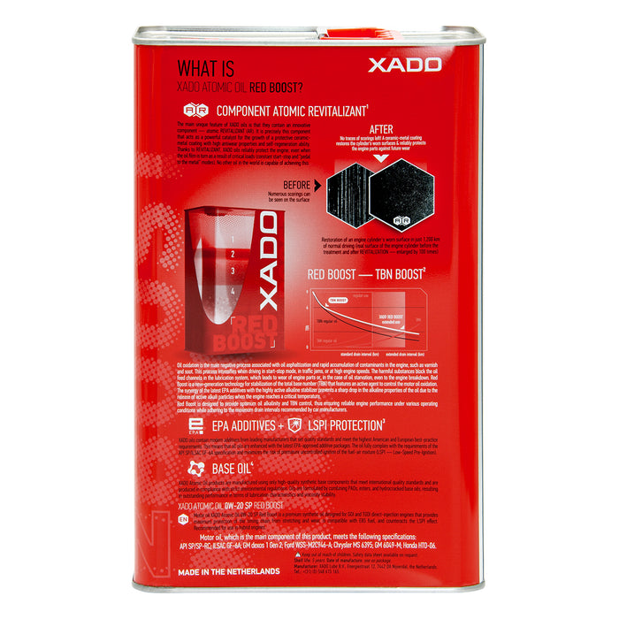XADO Atomic Oil 0W-20 SP RED BOOST - Ultra-Light, Fuel-Efficient Synthetic Motor Oil with REVITALIZANT® & RED BOOST