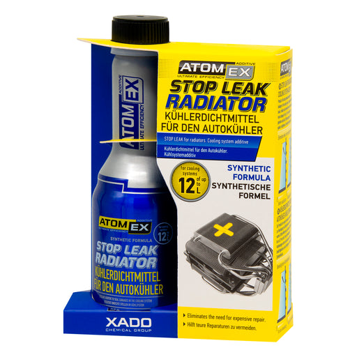 ATOMEX Stop Leak Radiator product packaging on a white background