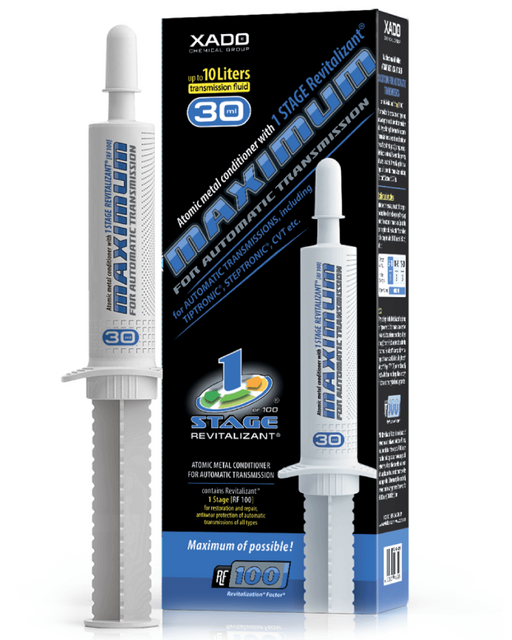 Packaging of XADO Atomic Metal Conditioner Maximum for Automatic transmissions, featuring a syringe and box with product details.